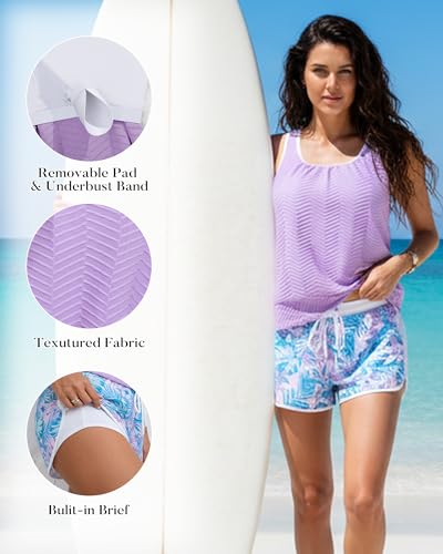 Image of Aidonger Women's Tankini Swimsuit Modest Two Piece Bathing Suit Tummy Control Athletic Blouson Tank Top with Short Bottoms