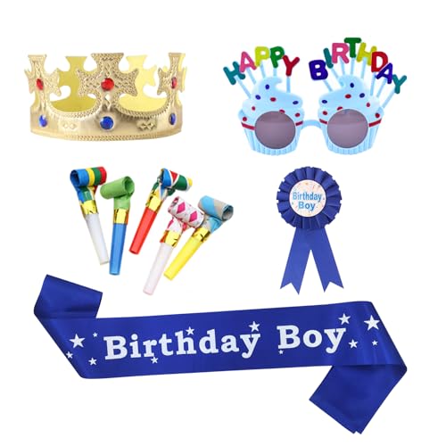AYNKH Conjunto de 9 peças de festa com coroa real, óculos, cinto, insígnias, 5 apitos (cor aleatória) para aniversário de crianças e adultos