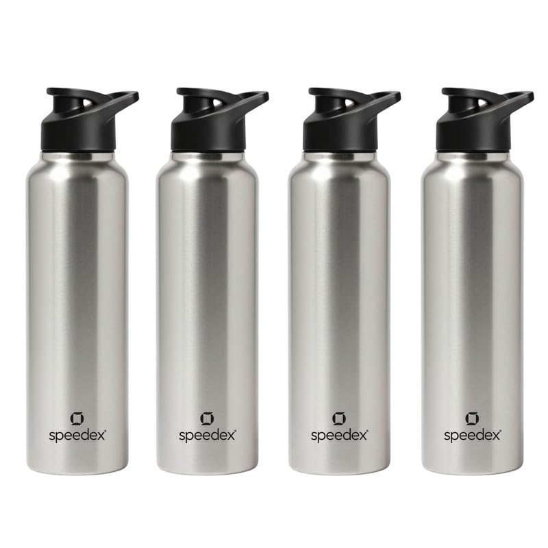Image of Speedex Stainless Steel Water Bottle 1 Ltr, Leak Proof Sipper Cap, BIS Approved 1000 ml Metal Bottle For Daily, Office, School, Gym, Travel Use for Men, Women, Kids, Adults, Silver, Set of 4