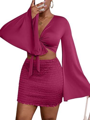 Image of LYANER Women 2 Piece Vacation Outfits Tie Knot Front Bell Long Sleeve Crop Top and Mini Skirt Summer Set