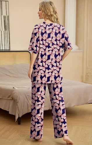 Image of PrinStory Womens Pajamas Sets 2 Piece Lounge Set Short Sleeve Tops and Long Pants Soft Pjs Loungewear with Pockets