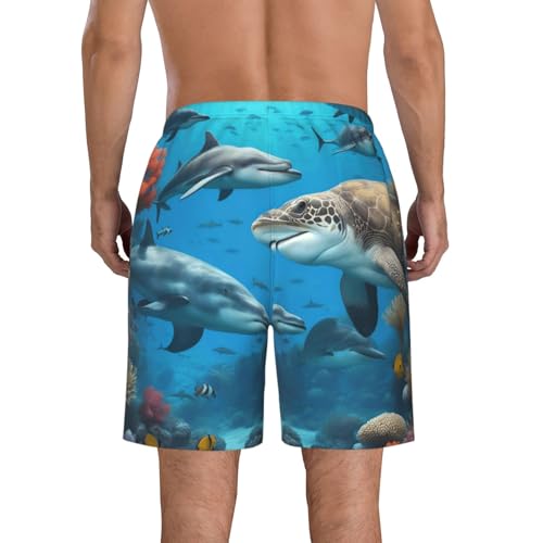 Men's Beach Shorts Swim TrunksFun Patterns Dolphins Sea Turtle Shark Print for Surfing Running Summer Vacation3