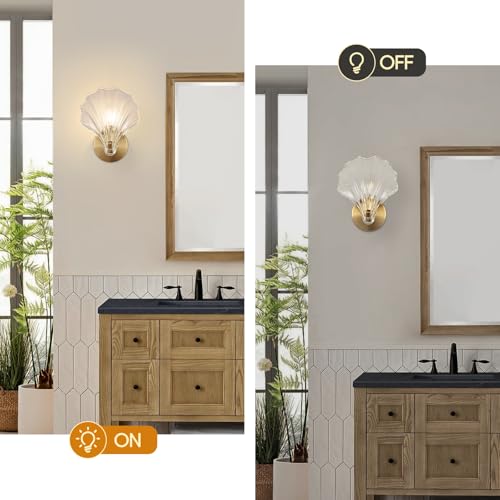 Image of Gold Wall Sconces for Bathroom, Vanity Light Fixtures, Modern Sconces Wall Lights with Clear Shell Shaped Glass Shades, Bathroom Light Fixtures for Living Room, Bedroom, Hallway, mirror, Kitchen, E12
