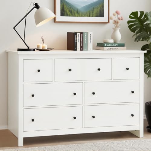 Las 7 mejores cómodas blancas ¡Comparativa! 34 AilZylphera Cómoda blanca con 7 cajones, 152 x 40 x 86 cm, aparador...