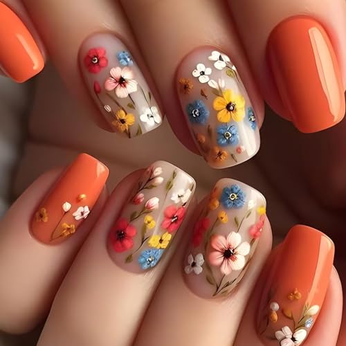 Ceboic 24 Stück Press on Nails Kurz Quadratische, Süße Blumen...