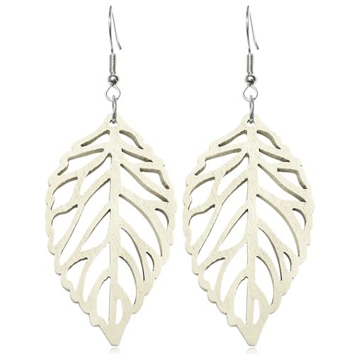 Handmade Bohemian Colorful Nature Wooden Leaf Dangle Drop Earring...