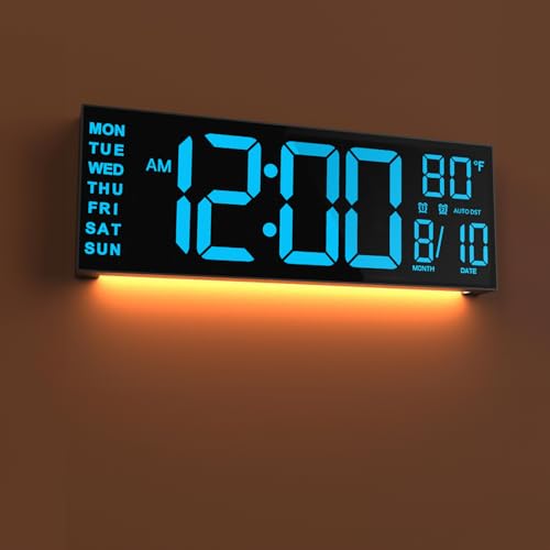 Image of JALL 13 inch Large Digital Wall Mount Clock, Count Down Timer, Alarm, Big LED, 8 RGB Color, DST, Temperature for Living Room Classroom Desk, Xmas, Birthday Gift for Senior Mom Dad, Blue