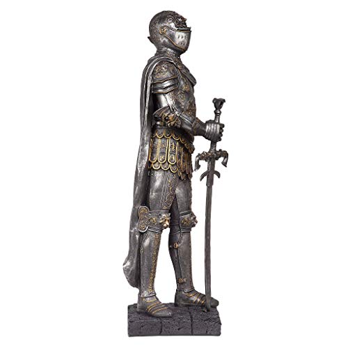 Design Toscano King's Guard Medieval Decor Half Scale Knight Armor Gothic Statue, 39 Inch Tall, Cast Stone Resin, Metallic Finish with Faux Stone Base