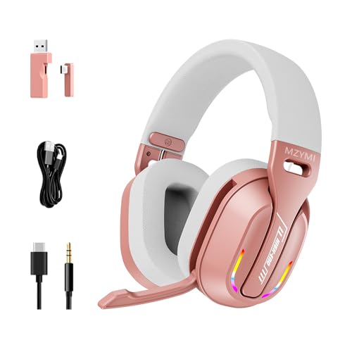 MZYMI 2.4GHz Wireless Gaming Headset for PC, PS5, PS4, Switch - Bluetooth 5.4, 20H Battery, with ENC Noise Canceling Microphone, Cool Lighting, 40mm Drivers,for Wired Mode Xbox Series -Rose Gold