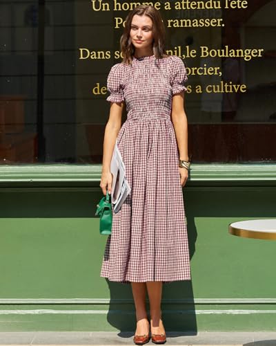 Image of RIHOAS Plaid Gingham Midi Dress Short Sleeve Smocked Dresses for Women | Cotton,Ruffle Puff Sleeves,Vintage Brown,Spring Summer Casual Daily,Picnic,Travel,Vacation,Christmas Festive Occasions
