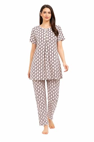 Image of KIAWAH Women Printed Night Suit Set, Cotton Blend Night Suit, A-Line Top and Pajama Set, Soft and Breathable Night Wear