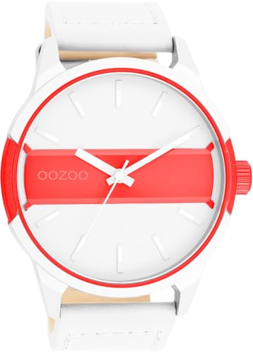 Oozoo Timepieces Herren Uhr Weiß/Rot - Armbanduhr Herren mit Lederarmband | Moderne Uhr für Männer - Edle Analog Herrenuhr in rund C11365 (48mm Gehäuse)