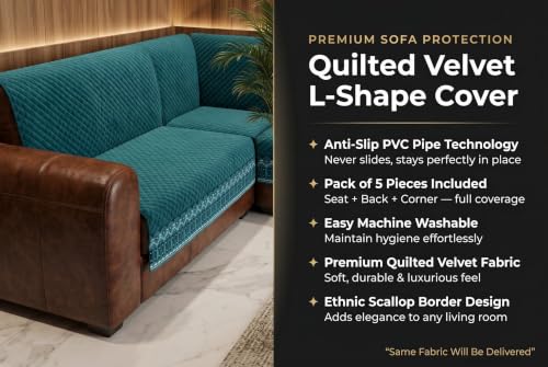 Image of KINGLY L-Shape Sofa Cover 6 Seater 3+3 Velvet Full Cover - Teal Blue | Fully covered quilted velvet slipcover, washable anti-slip furniture protector, L-type corner sofa cover for living room