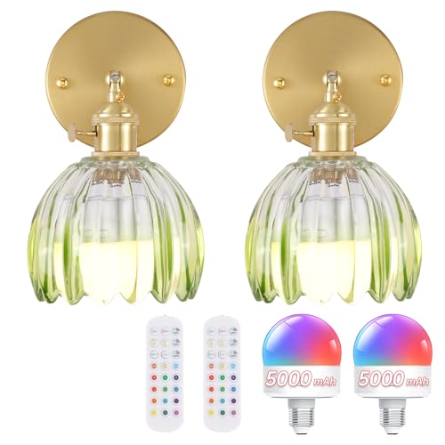 Image of Shenmoyl Vintage 5000 mAh Battery Operated Wall Sconce with Green Clear Tulip Gradient Glass Lampshade Rechargeable Battery Powered Wall Light with Remote Control for Bedroom, Set of 2