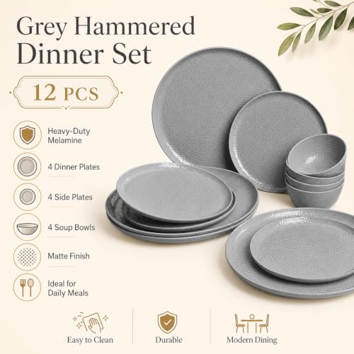 Image of Market99 Heavy-Duty Grey Hammered Melamine Dinner Set - 12 Pieces | Includes 4 Dinner Plates, 4 Side Plates & 4 Soup Bowls | Matte Finish Tableware for Daily Meals, Kitchen & Modern Dining Setup