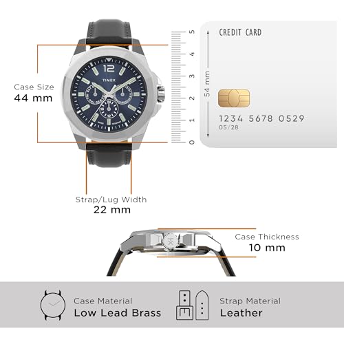 Image of TIMEX Essex Analog Watch for Man with Blue Round Dial & Black Leather Strap Band Water Resistant Men's Wrist Watches - TW2V43200UJ