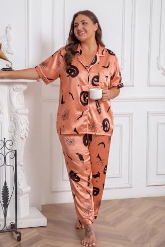 Image of Vozanet Women's Button Down Satin Pajama Sets Silky Short Sleeve Top & Pants Plus Size Loungewear Classic Sleepwear XL to 5XL