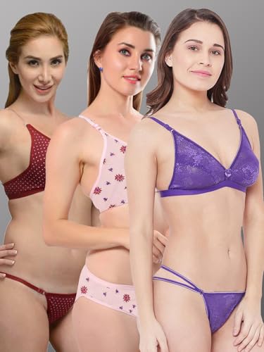 Image of Love Maker Stylish Non Padded Lingerie Set for Women Bra Panty Combo Pack of 3.