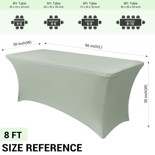 Image of Obstal 2PC Sage Green Tablecloth - 8ft Rectangle Spandex Table Cover for Party, Events, Banquets & Weddings, Machine Washble