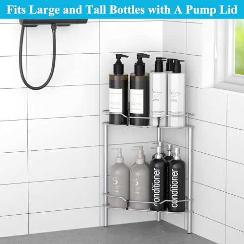 Image of HuggieGems 2 Tier Floor Standing Corner Shower Caddy Organizer Shelf with Hooks, Bathroom Shelves Stand Rack, Silver
