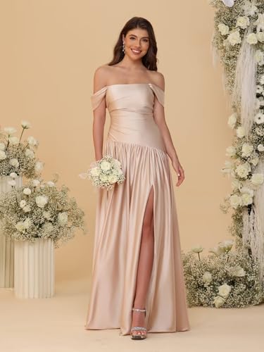 Dessiny Women's Suqare Neck Satin Bridesmaid Dresses with Slit Asymmetrical Drop Waist Formal Evening Dress DE5112