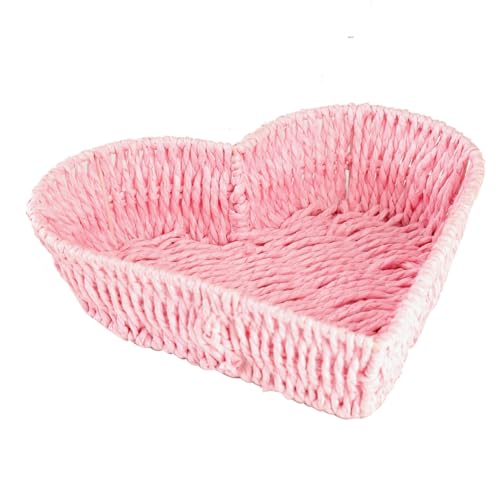 BinaryABC Heart Shaped Rattan Basket Fruit Vegetables Bread Rattan Basket Valentines Day Storage Basket Valentines Day Table Decorations Supplies (Pink)