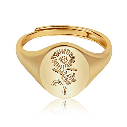 YeGieonr Gold Signet Ring with Flower Engraved, Adjustable 925 Sterling Silver Rings,Handmade Gold Rings for Women/Girls (Available for Size 6ã€ 7ã€8ã€9)
