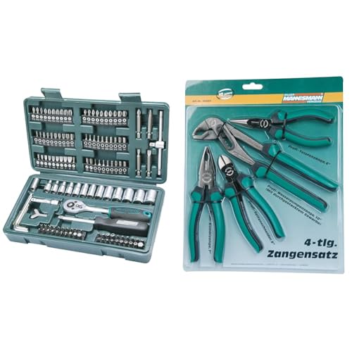 Mannesmann M29166 - Maletín con juego de llaves de vaso y puntas de destornillador (130 piezas) & - M10997 - Juego de alicates de 4 piezas.