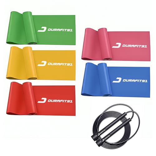 Image of Durafit91 Resistance Bands Set of 5 (Extra Light to Extra Heavy) with Jump Rope - Natural Latex Exercise Thera Bands for Workout, Yoga, Pilates, Strength Training, Home Gym Fitness for Men & Women
