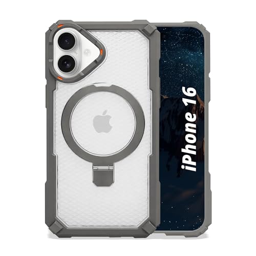 Image of AIBEX Transparent Back Cover Compatible for iPhone 16| Mag-Saf Magnetic Ring Kickstand | Shockproof Dual Layer Military Grade Drop Protection Armor Case| Wireless Charging Support - Grey