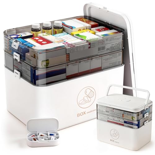 Purecas 3-stöckige Medizinbox | Portable Hausapotheke mit robustem Griff | Ideal für Haushalt Reise & Notfall | Übersichtliche Aufbewahrung für Tabletten Verbandsmaterial & Hygieneartikel