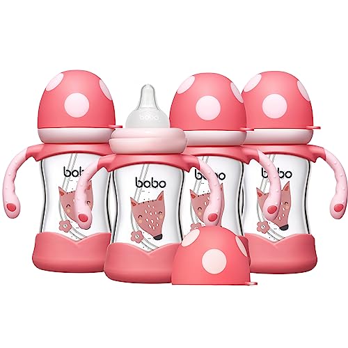 YOHKOH Natural Glass Baby Bottle with Natural Response Nipple, Wide Neck Baby Bottles with Handle, Newborn Anti-Colic Baby Bottles Gift Set, Clear (5.4oz (Pack of 4), Red)