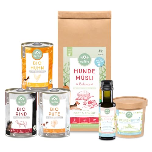 naftie Premium Bio Welpenfutter Starterset - Hundefutter zum Mischen für Welpen - Bio-Reinfleischdosen, Bio-Flocken, Bio-Öl & Nährstoffmix - getreidefrei, glutenfrei