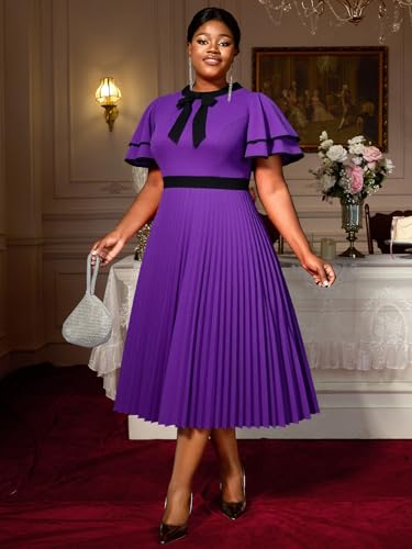 AOMEI Plus Size Dresses for Curvy Women Church Color Block Bowtie Ruffle Sleeve A-Line Pleated Midi Teacher Work Office Dress2