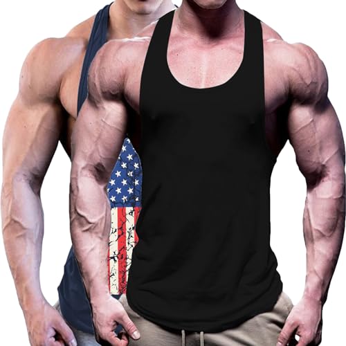 ZUEVI Men’s Tank Top Workout Y-Back Gym Muscle Tee Shirts Sleeveless Printed Flag T-Shirt