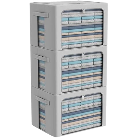 3Pack Frame Storage Box - Clothes Storage Bin Bags Oxford Fabric Foldable Stackable Container Organizer Set with Clear Window & Carry Handles Large Capacity (Grey, Large-66L) Cover