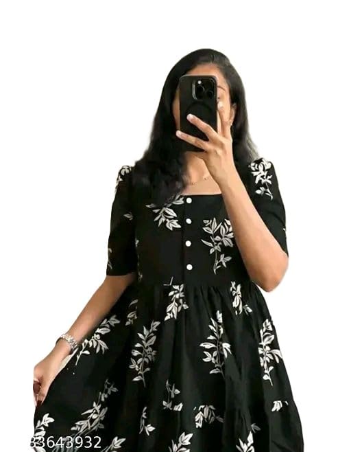 Image of Women's Rayon A-Line Midi Dress, Floral Print, Short Sleeves, Tiered Design, Round Neck, Summer Wear