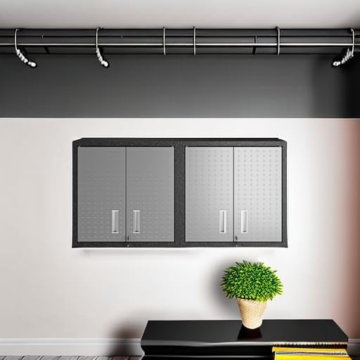 Image of Manhattan Comfort Fortress 30 inch Floating Garage Storage Cabinet Set of 2, Lockable, Adjustable Shelves, Recessed Handles, Steel Wall Mounted Utility Cabinet for Workshop, Garage, Basement in Grey /Black