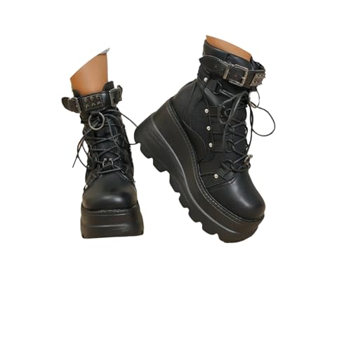 Womems Platform Goth Ankle Boots Chunky Heel Round Toe Combat Booties with Side Zip Motorcycle Wedges Boots