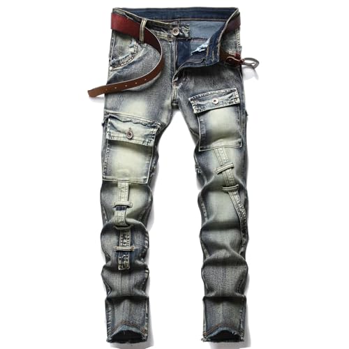 Men's Vintage Ripped Jeans (Without Belt) Patchwork Straight Leg Skinny Fit Biker Denim Pants2
