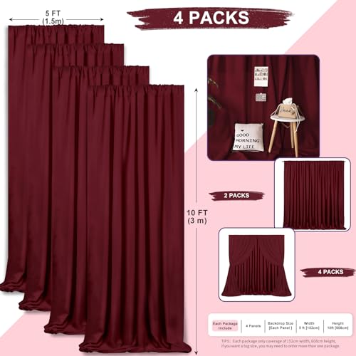 Image of Burgundy Backdrop Curtains 4 Panels 5ft x 10ft Polyester Photo Backdrop Drapes for Wedding Christmas Party Background Decorations 20x10 FT