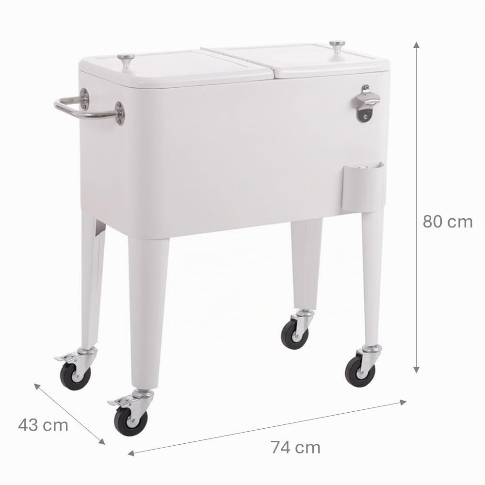 LOLAhome Nevera Carrito Vintage para Exterior, Blanco, 56 litros Capacidad | De Acero con tratamiento Epoxi para Exterior. Carrito de bebidas retro auxiliar con isotermo. Para barbacoa y celebraciones