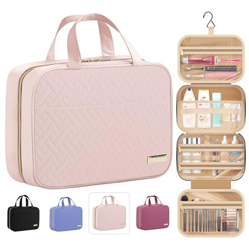 Image of HOTOR Travel Toiletry Bag - Hanging Toiletry Bag for Women & Men, Makeup Bag/Big Comparment, Waterproof for Travel Accessories, Travel Essentials, Medium, Pale Pink