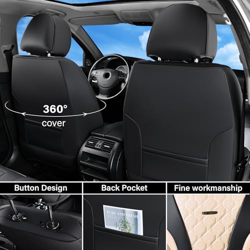 Image of Coverado Car Seat Covers, Seat Covers Full Set, Black Beige Car Seat Cover, Perforated Diamond Leather Seat Covers for Cars, Luxury Car Seat Cushion, Auto Seat Covers Universal Fit Most Cars