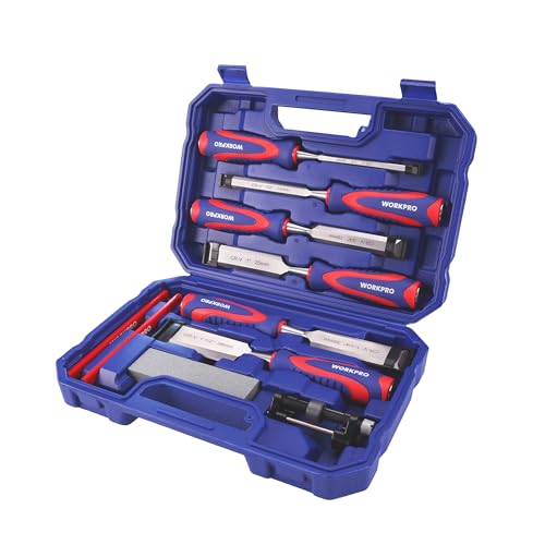 WORKPRO Wood Chisel Set, 10 Pieces Chisel Set with 6 to 38mm Chisels, Sharpening Stone, Honing Guide and Storage Case, Cr-V Bevel Edge Chisels with Ergonomic Handle for Woodworking and DIY