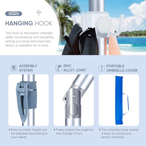 Tempera Heavy Duty High Wind Beach Umbrella with Sand Anchor & Carry Bag|Patio Outdoor Umbrella with Aluminum Frame and Push Button Tilt, Ideal for Travel Garden Lawn, UPF 60+,Blue by Tempera - Used condition - Image 3