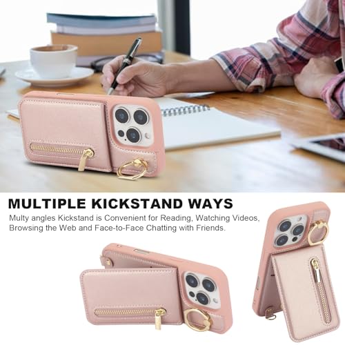 Jcxtrombulous Crossbody Wallet Case for iPhone 16 Pro Max with Lanyard Strap Card Slot Holder RFID Blocking 360°Ring Kickstand,Magnetic Flip Folio Zipper Purse Case, PU Leather Cover Handbag,Rose Gold by Jcxtrombulous - Image 6