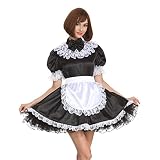 Women Sissy French Maid Patterned Lace Black Shiny Satin Dress Crossdress Uniform (X-Large)