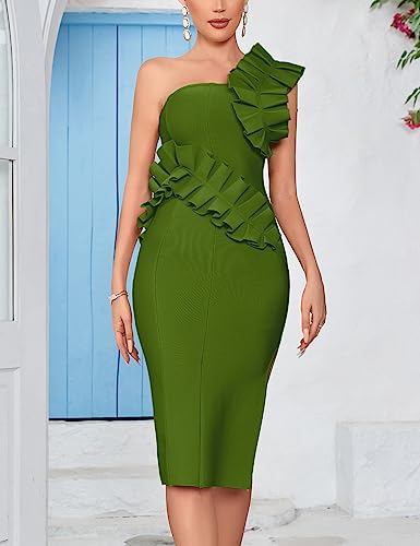 Image of houstil Women's One Shoulder Wedding Guest Dress Side Split Bandage Bodycon Midi Cocktail Club Dresses