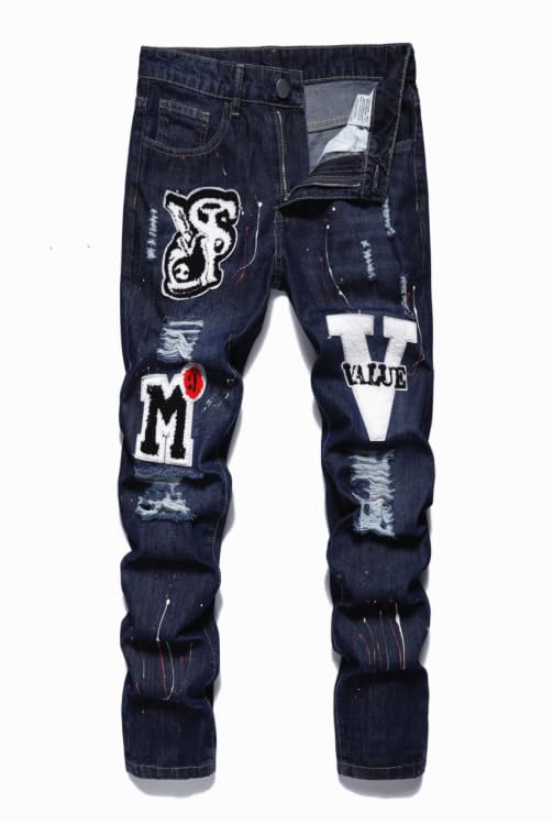 Men's Letter Printed Ripped Slim Fit Moto Biker Casual Straight Jeans